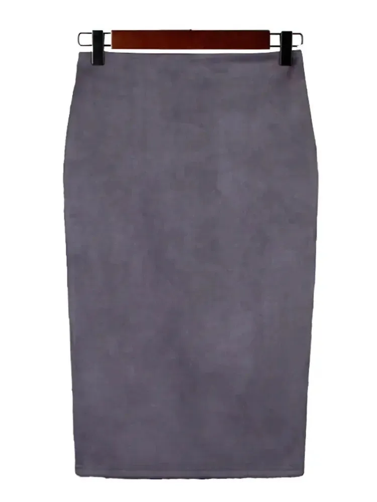 Sexy Multi Color Suede Midi Pencil Skirt Women 2024 Fashion Elastic High Waist Office Lady Bodycon Skirts Saias