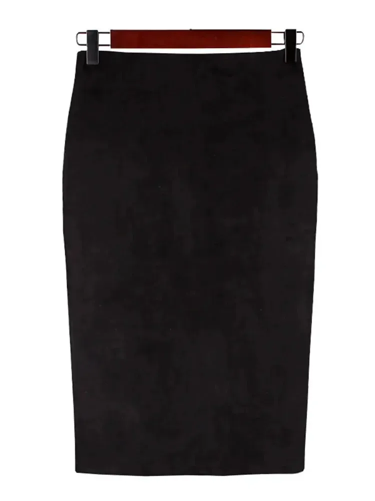 Sexy Multi Color Suede Midi Pencil Skirt Women 2024 Fashion Elastic High Waist Office Lady Bodycon Skirts Saias