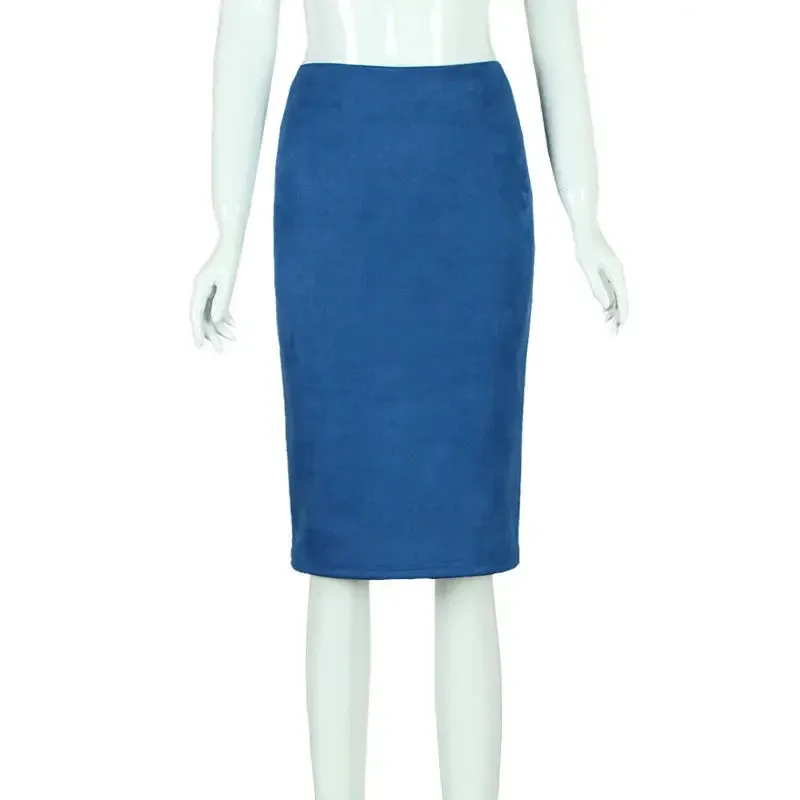 Sexy Multi Color Suede Midi Pencil Skirt Women 2024 Fashion Elastic High Waist Office Lady Bodycon Skirts Saias
