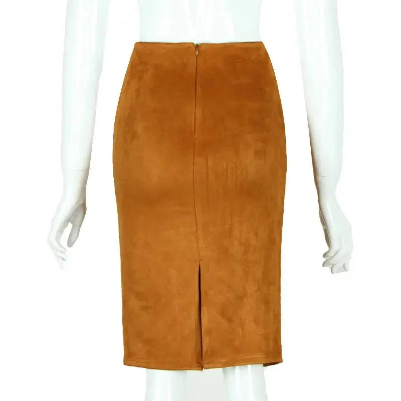 Sexy Multi Color Suede Midi Pencil Skirt Women 2024 Fashion Elastic High Waist Office Lady Bodycon Skirts Saias