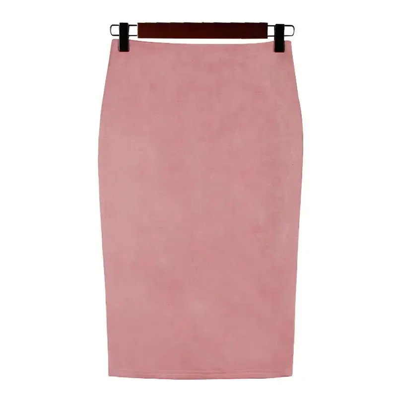 Sexy Multi Color Suede Midi Pencil Skirt Women 2024 Fashion Elastic High Waist Office Lady Bodycon Skirts Saias