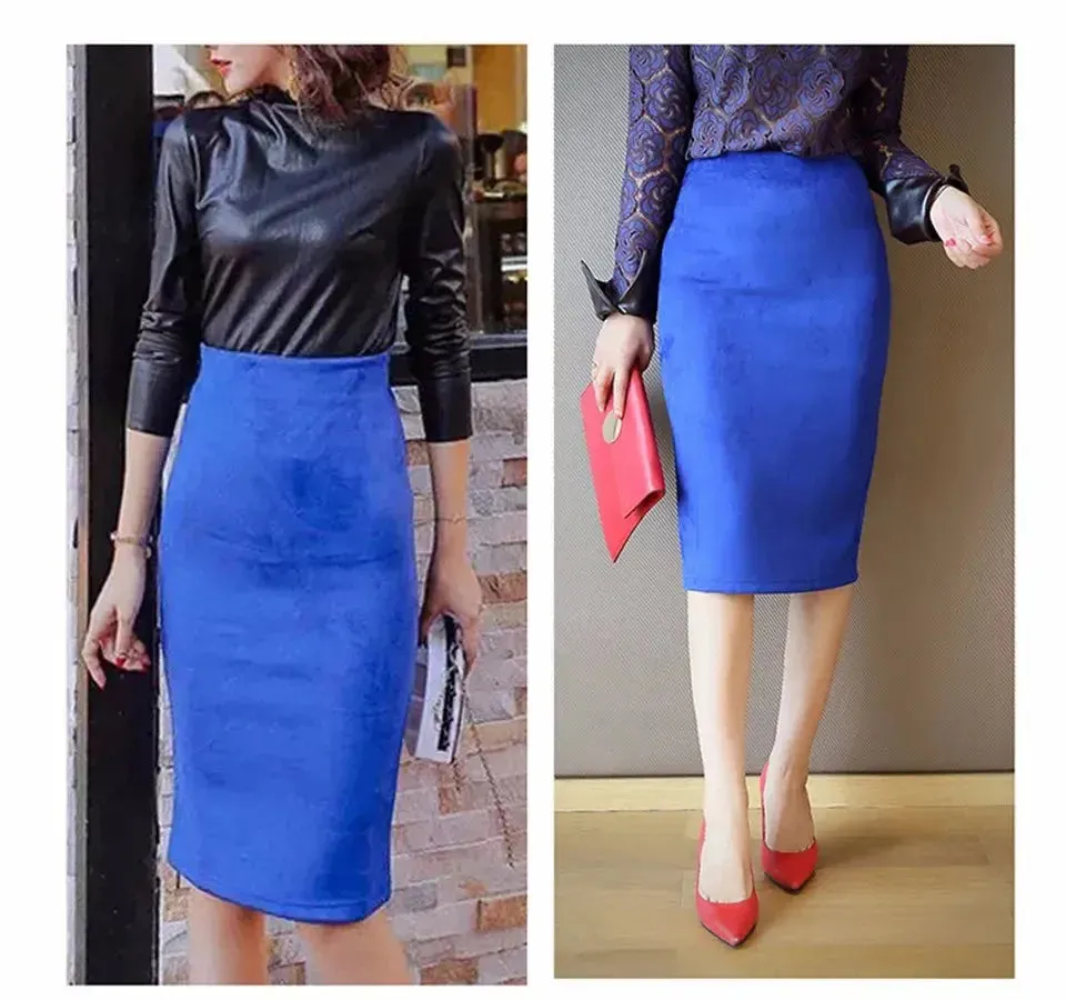 Sexy Multi Color Suede Midi Pencil Skirt Women 2024 Fashion Elastic High Waist Office Lady Bodycon Skirts Saias