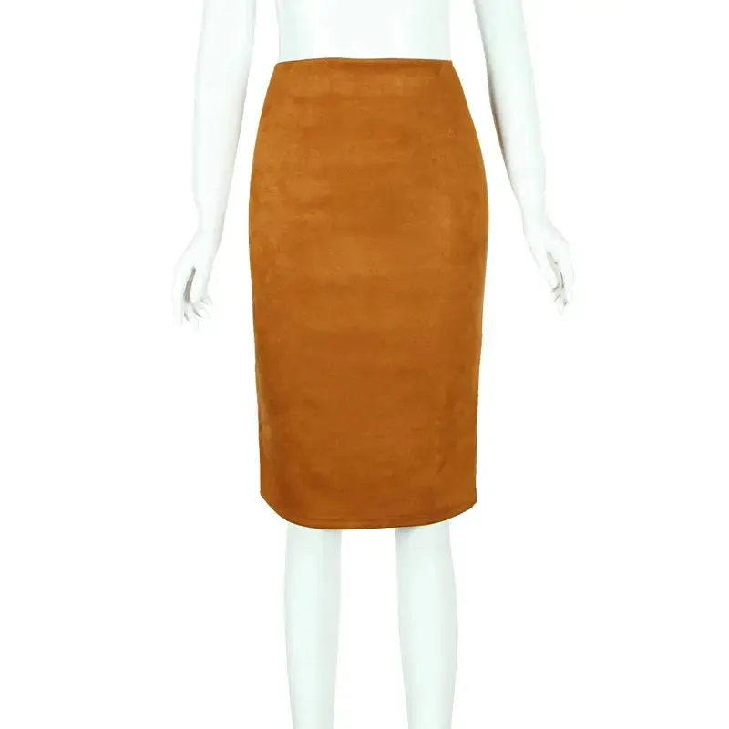 Sexy Multi Color Suede Midi Pencil Skirt Women 2024 Fashion Elastic High Waist Office Lady Bodycon Skirts Saias
