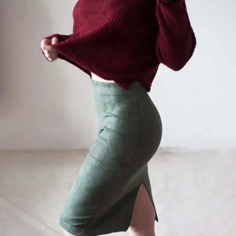 Sexy Multi Color Suede Midi Pencil Skirt Women 2024 Fashion Elastic High Waist Office Lady Bodycon Skirts Saias