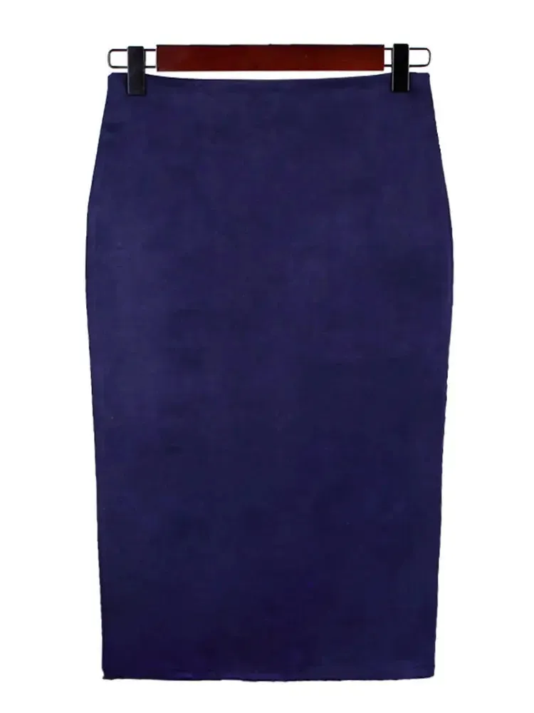 Sexy Multi Color Suede Midi Pencil Skirt Women 2024 Fashion Elastic High Waist Office Lady Bodycon Skirts Saias