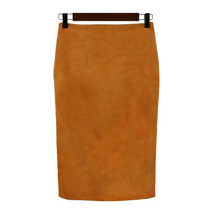 Sexy Multi Color Suede Midi Pencil Skirt Women 2024 Fashion Elastic High Waist Office Lady Bodycon Skirts Saias