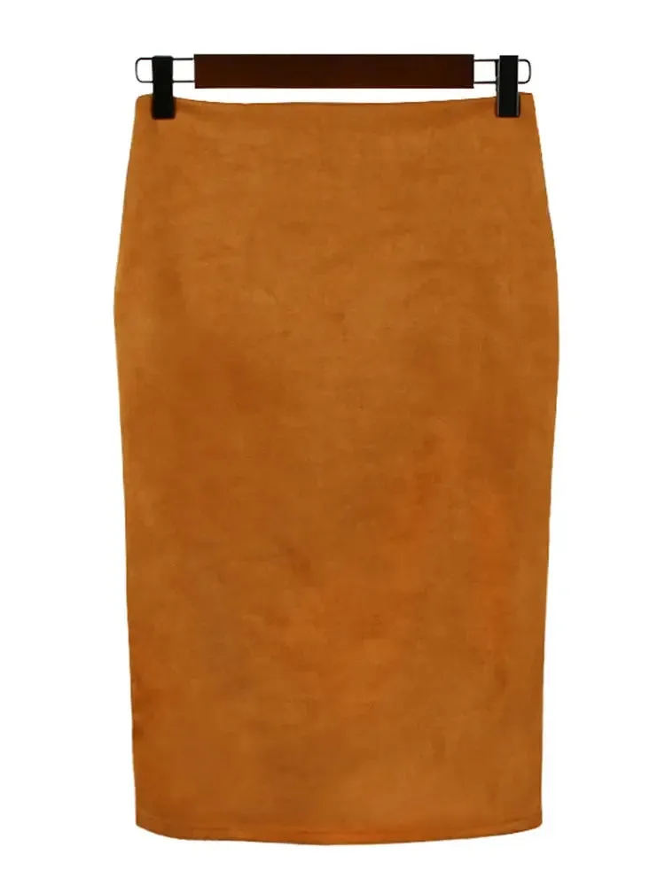 Sexy Multi Color Suede Midi Pencil Skirt Women 2024 Fashion Elastic High Waist Office Lady Bodycon Skirts Saias