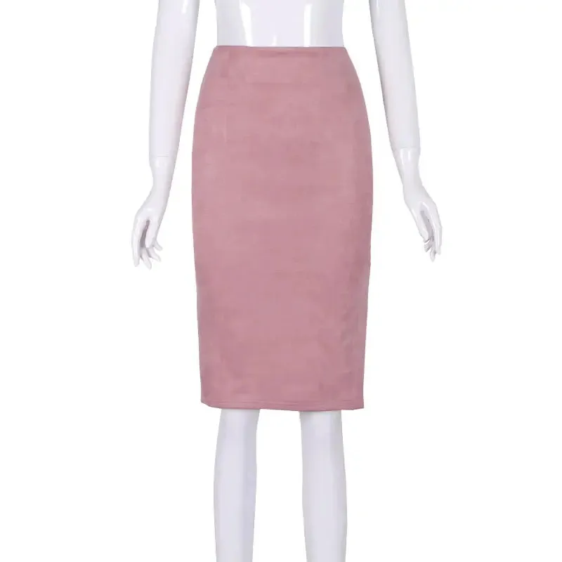 Sexy Multi Color Suede Midi Pencil Skirt Women 2024 Fashion Elastic High Waist Office Lady Bodycon Skirts Saias