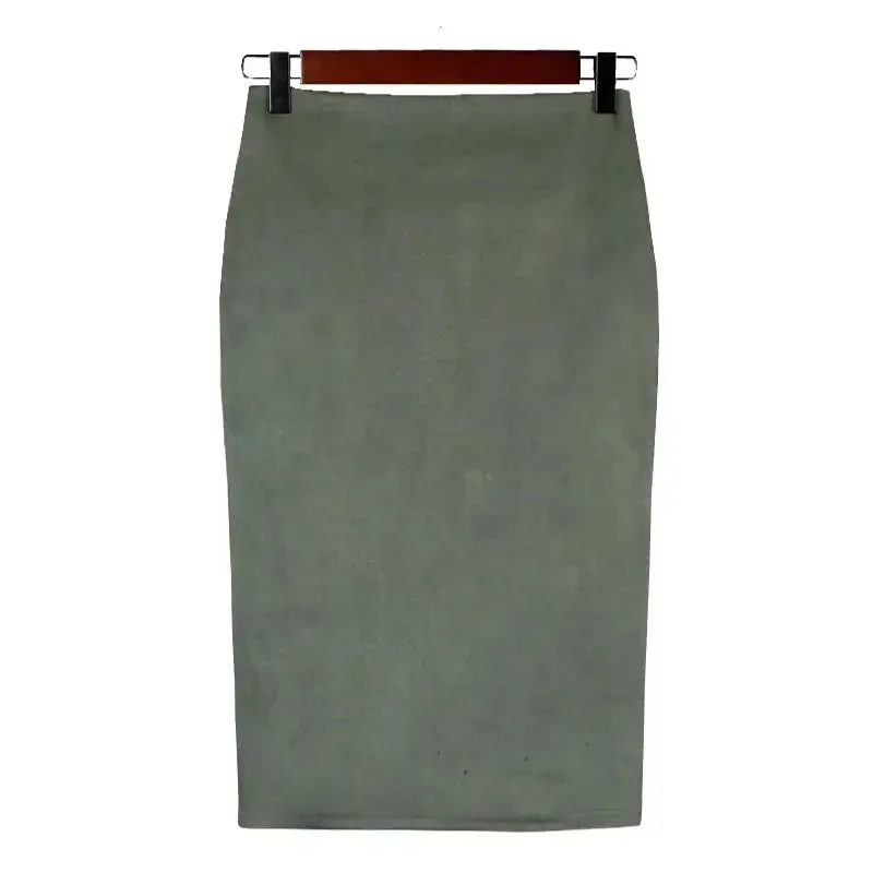 Sexy Multi Color Suede Midi Pencil Skirt Women 2024 Fashion Elastic High Waist Office Lady Bodycon Skirts Saias