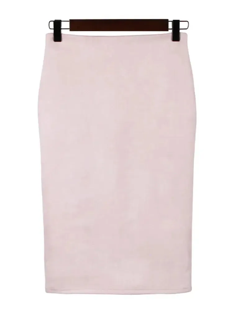 Sexy Multi Color Suede Midi Pencil Skirt Women 2024 Fashion Elastic High Waist Office Lady Bodycon Skirts Saias