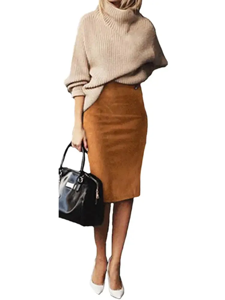 Sexy Multi Color Suede Midi Pencil Skirt Women 2024 Fashion Elastic High Waist Office Lady Bodycon Skirts Saias