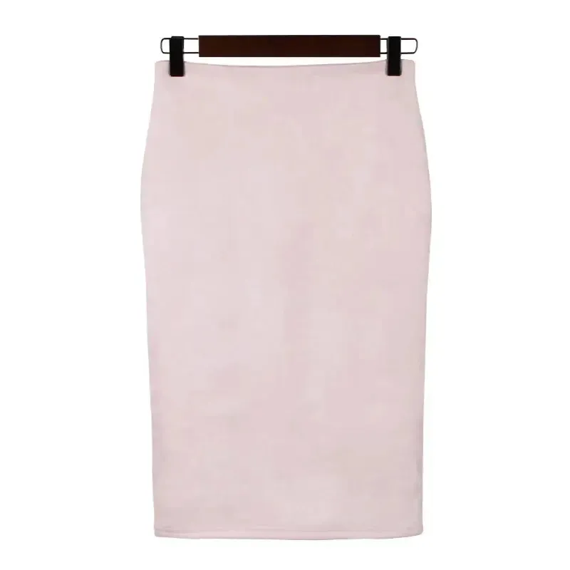Sexy Multi Color Suede Midi Pencil Skirt Women 2024 Fashion Elastic High Waist Office Lady Bodycon Skirts Saias