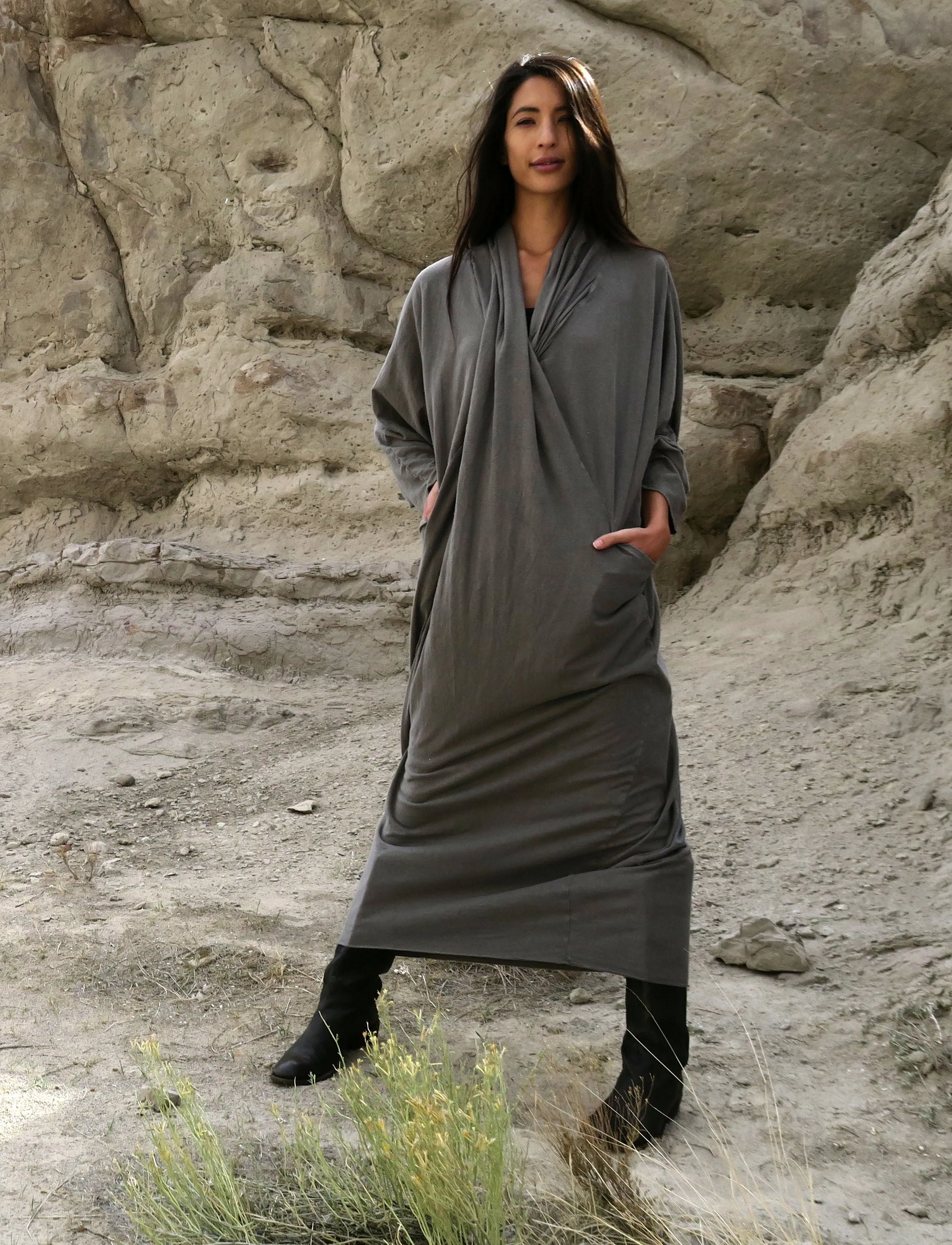 Shawl Collar Origami Long Kaftan