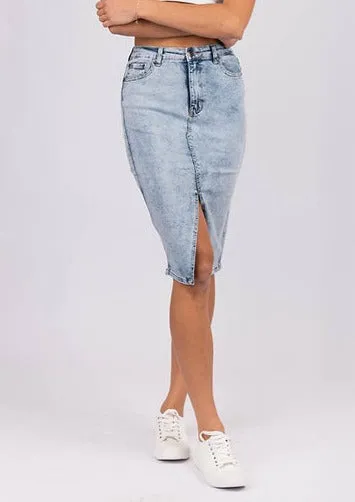 Silvie Denim Knee Length Skirt with Front Split