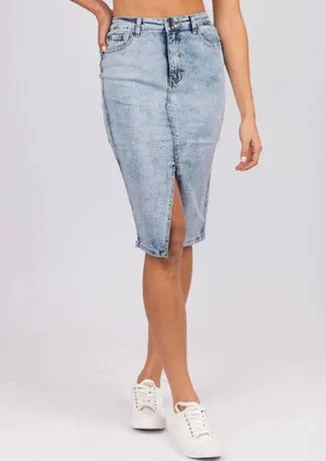 Silvie Denim Knee Length Skirt with Front Split