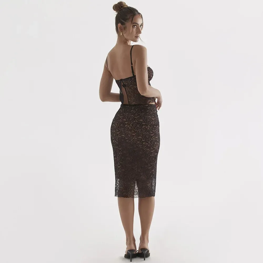Sladuo Women Sexy Floral Lace Two Piece Deep Squard Neck Spaghetti Strap Bodycon Club Party Midi Dress Sets