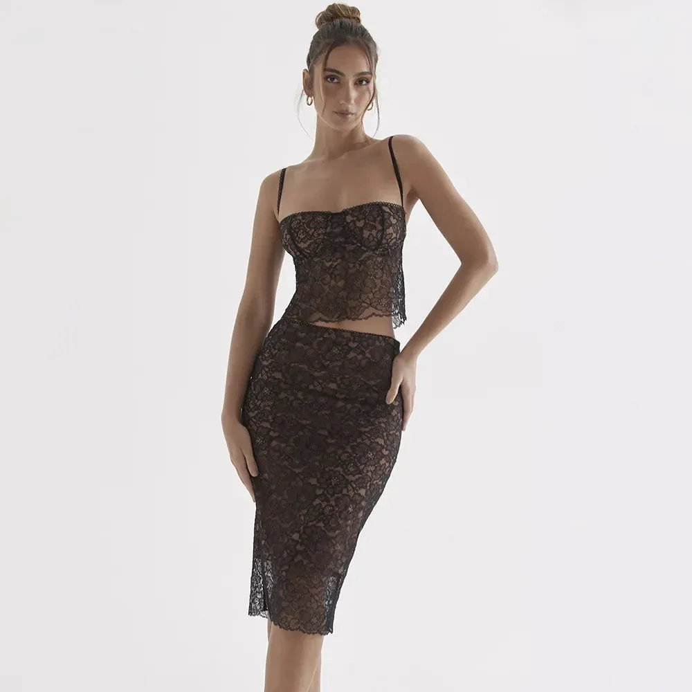 Sladuo Women Sexy Floral Lace Two Piece Deep Squard Neck Spaghetti Strap Bodycon Club Party Midi Dress Sets