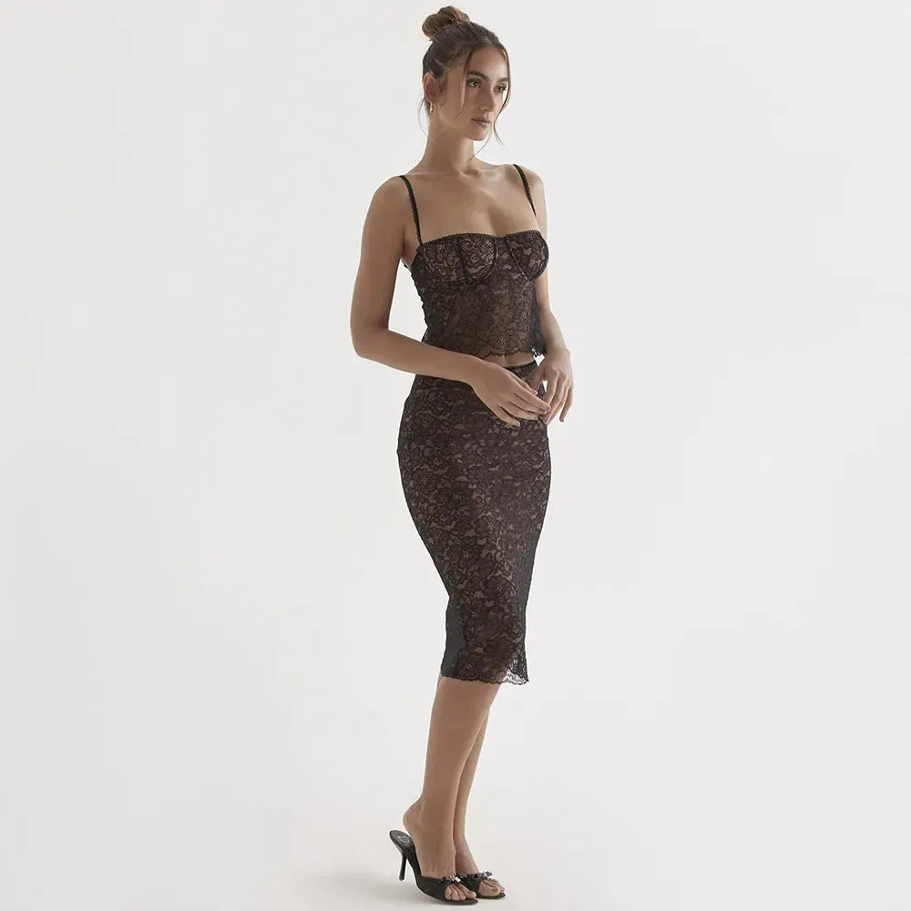 Sladuo Women Sexy Floral Lace Two Piece Deep Squard Neck Spaghetti Strap Bodycon Club Party Midi Dress Sets