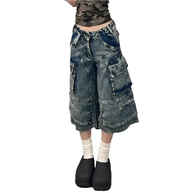 TEEK - Oversized Big Pocketed Cropped Jean Shorts