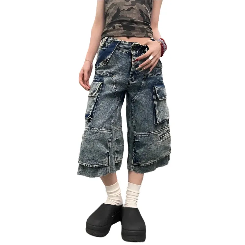 TEEK - Oversized Big Pocketed Cropped Jean Shorts