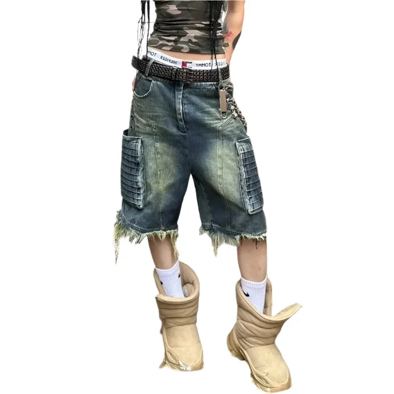 TEEK - Oversized Big Pocketed Cropped Jean Shorts