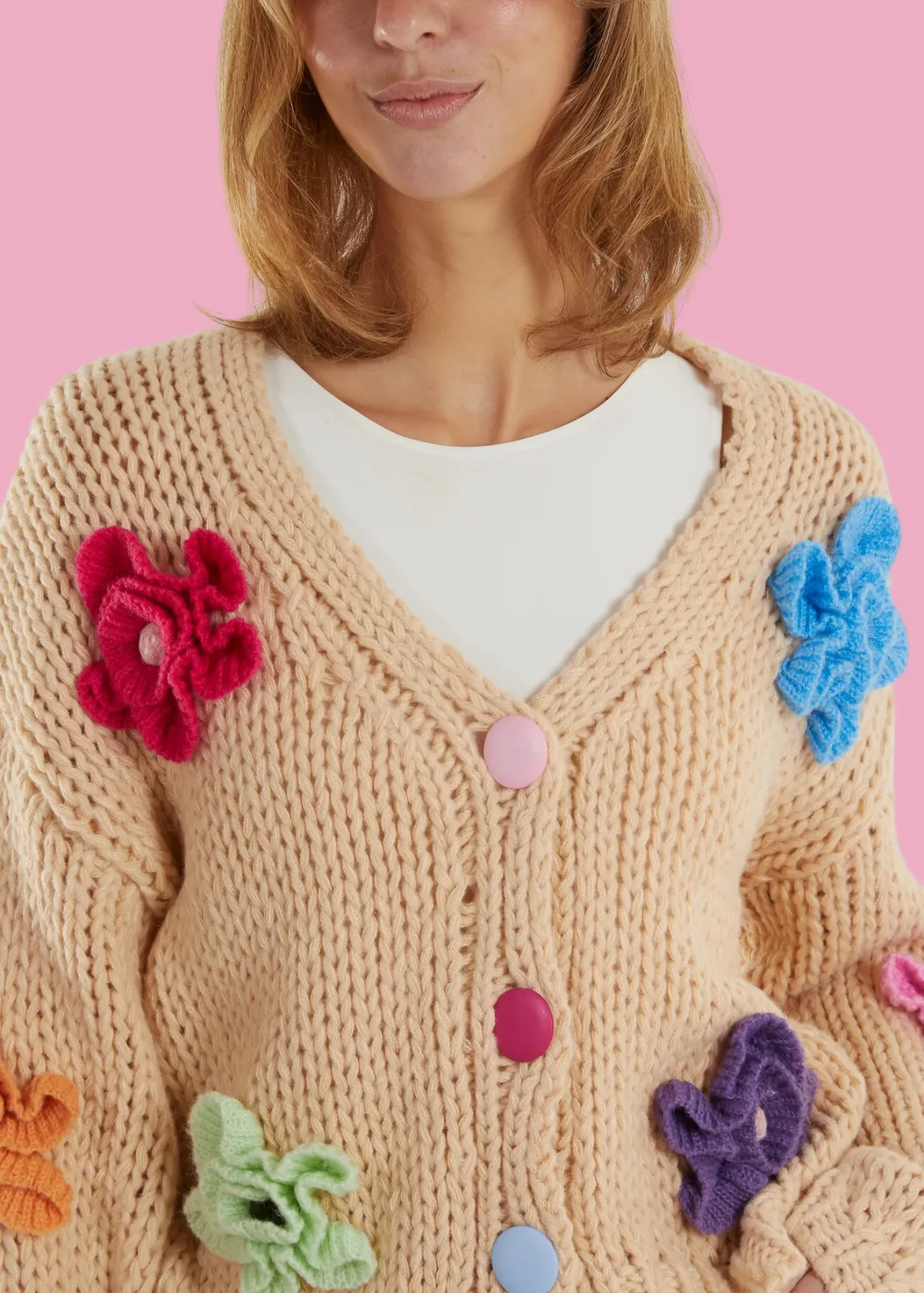 The Edit -    Multicoloured Frilly Flower Chunky Knit Cardigan in Stone