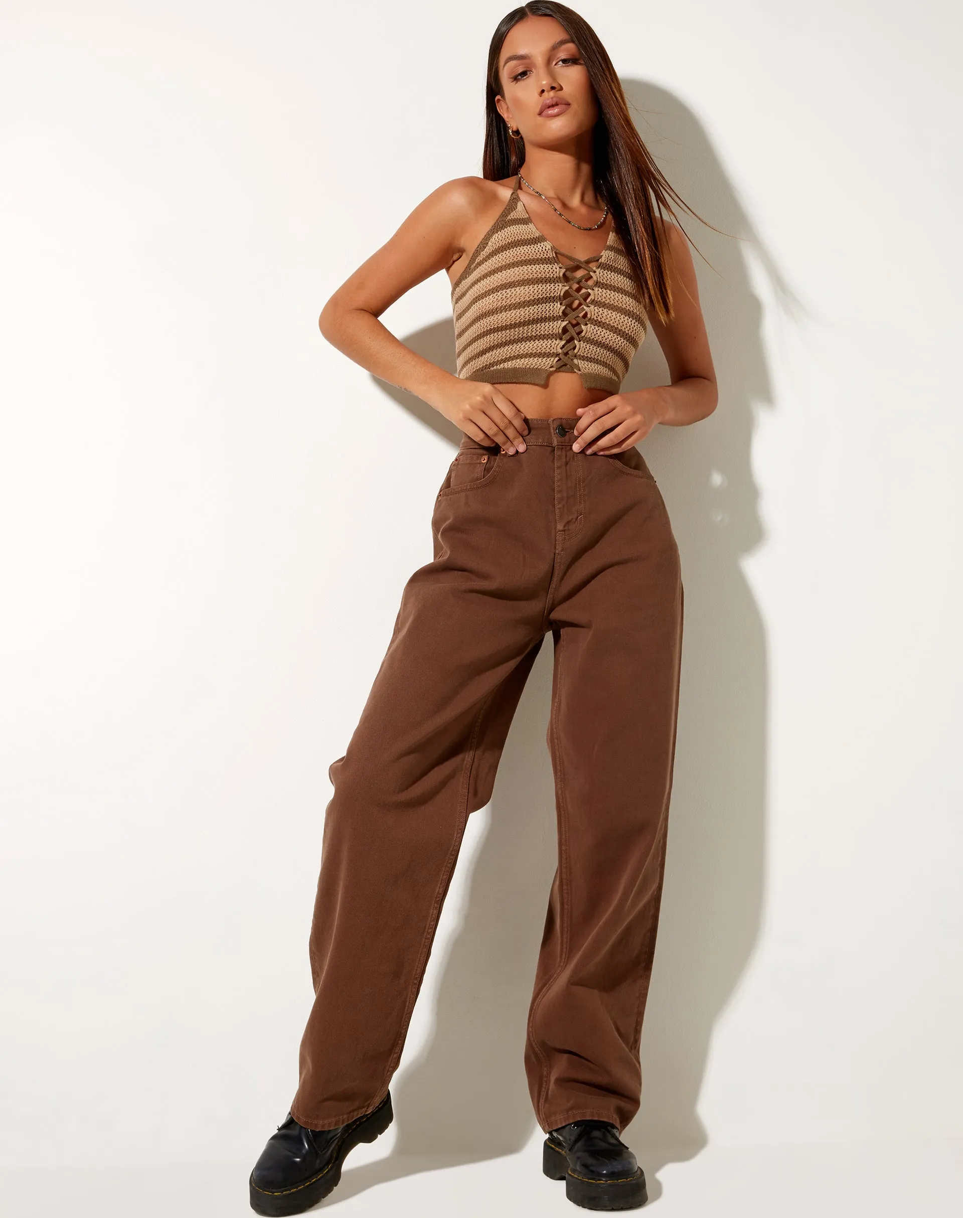 Trina Crop Top in Crochet Mini Stripe Khaki