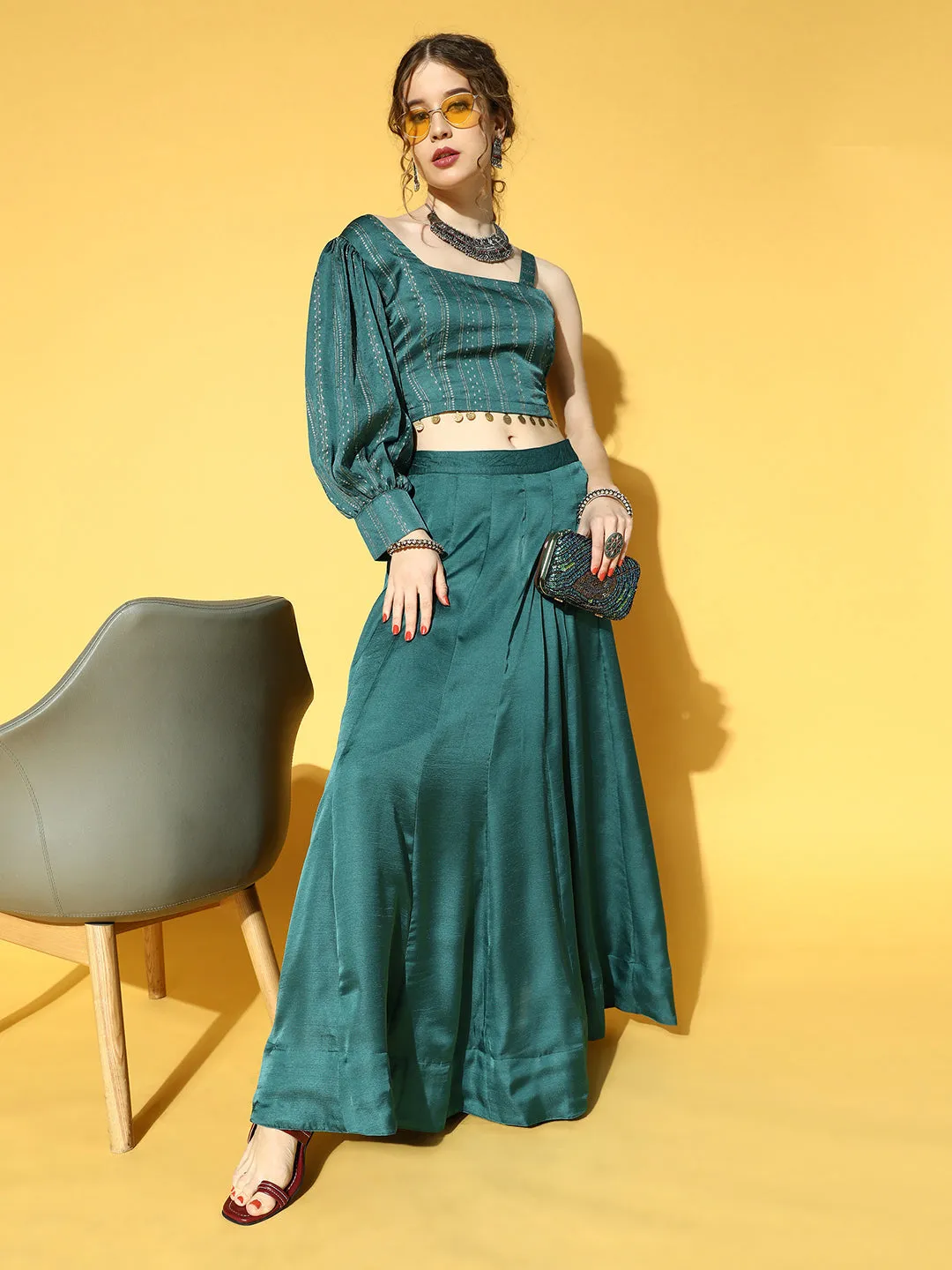 Women Green & Beige Silk Blend Clothing Set