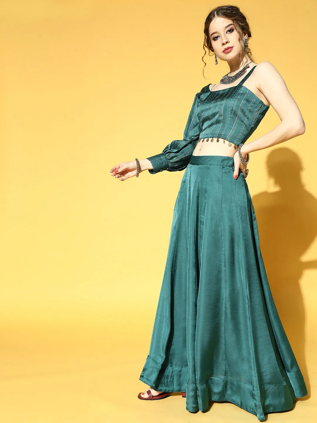 Women Green & Beige Silk Blend Clothing Set