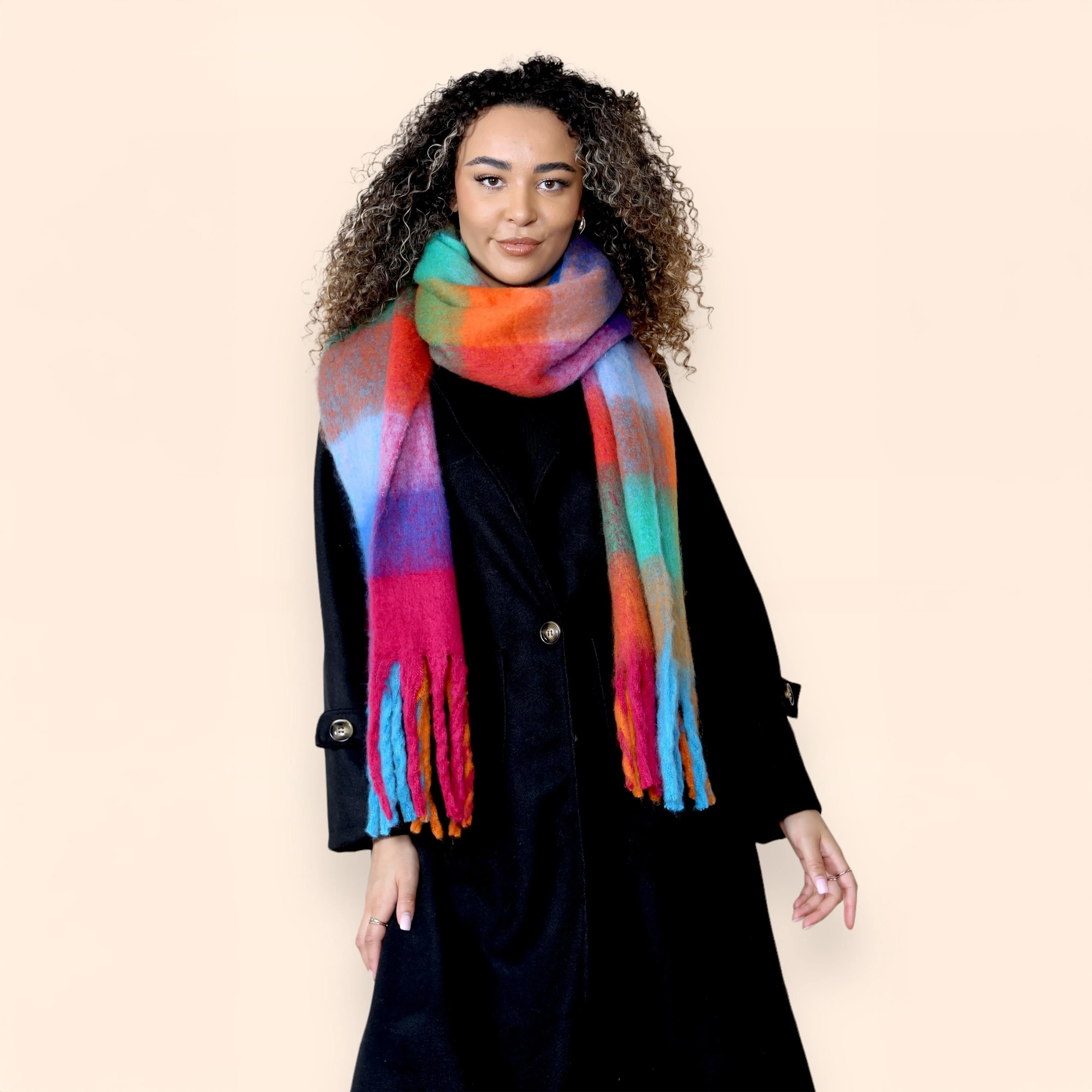 Women’s Orange Blue Chunky Knit Bright Plaid Blanket Scarf Long Winter Wrap Warm Check Shawl with Tassels Gift for Ladies by Daisy Dreamer