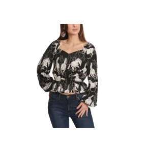 Wrangler Women's Retro Horse Print Peplum Top Black White Shirt